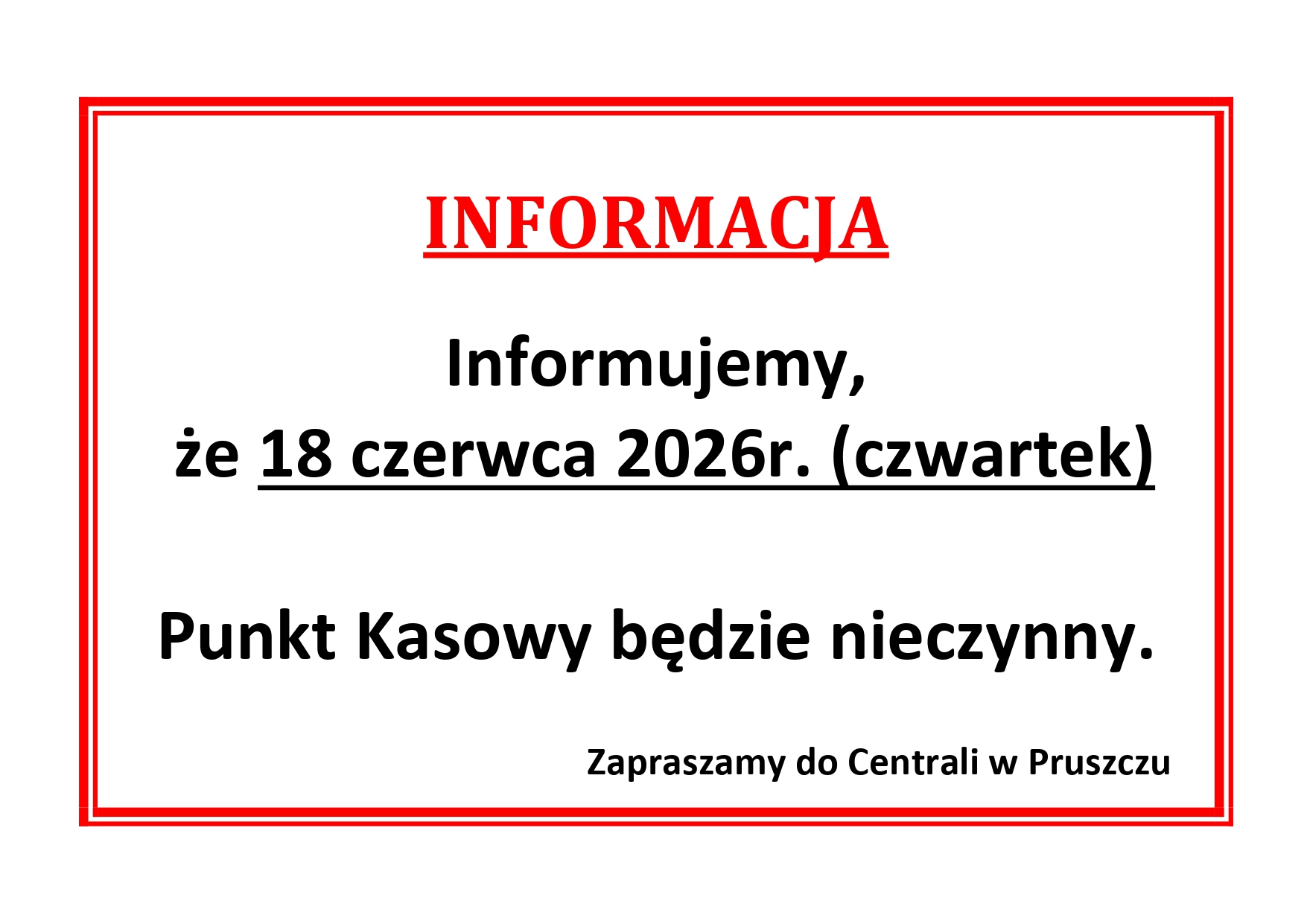 Punkt Kasowy w Serocku nieczynny
